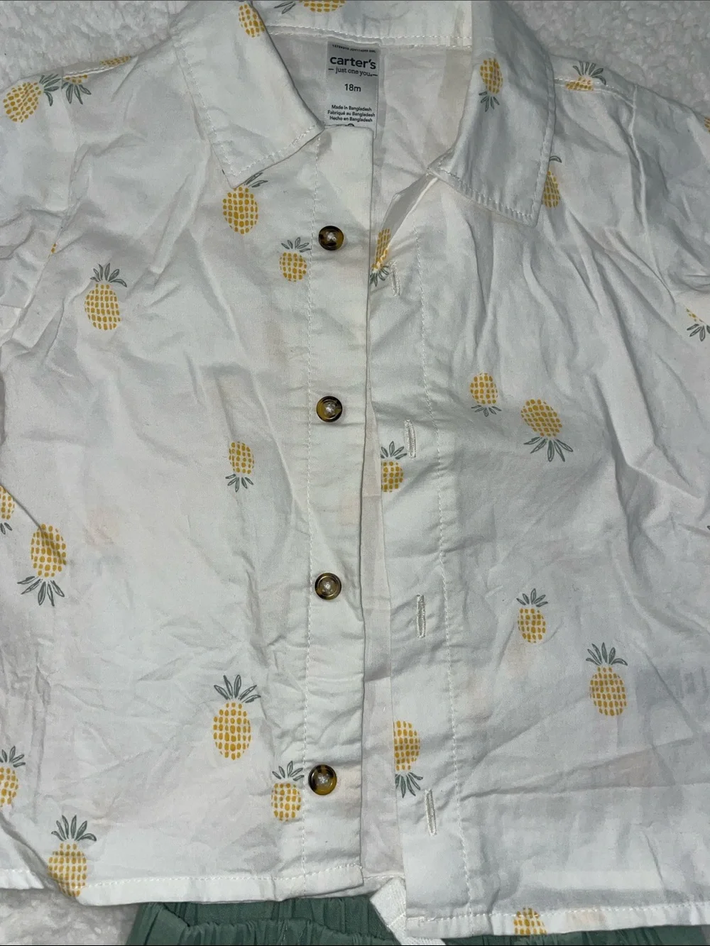 Carter's White Pineapple Button-Up Top with Sage Green Shorts